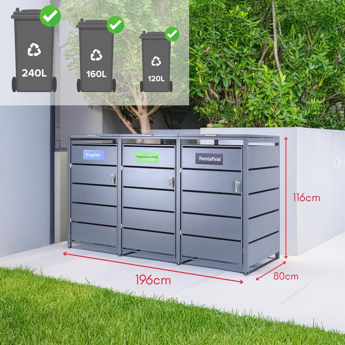 Albatros afvalcontainerbox voor 3 containers | tot 240 liter | antracietgrijs RAL 7016 | verzinkt staal | premium dempers | stickerset | weerbestendig | verstelbare poten | deurklink met slot | tuinbox — afbeelding 5