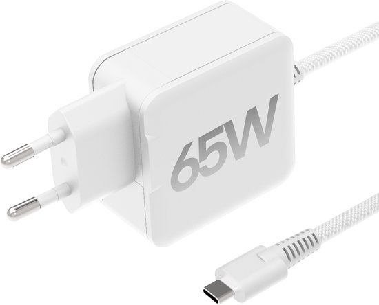 Chargeur blanc 65W avec câble USB-C tressé. Prise UE.