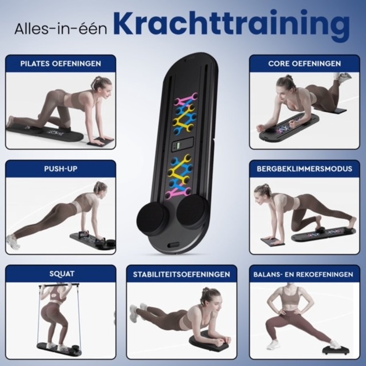 Afbeelding 3 van Jari Multifunctioneel Pilates Reformer & Fitness Board – 10 in 1 bord voor thuisgebruik – Full Body Workout – Inclusief Stang, Ab Roller & Weerstandsbanden