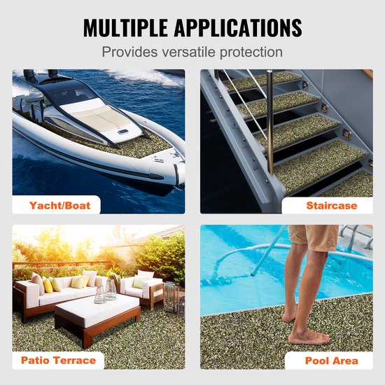 Quatre applications du revêtement de sol de bateau : sur un yacht, sur des escaliers, sur une terrasse et près d'une piscine.