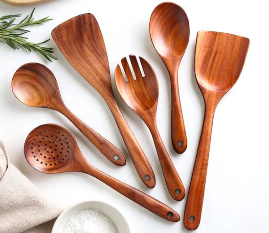 Dutchers® 6-delige Houten Spatel set - Teakhout - Spatels - Soeplepel - Antiaanbakpan - Keuken lepel - Kookgerei - Wokspatels - Pollepels - Opscheplepel - Keukenlepel - Kookgerei - Keukengerei - Keukenaccessoires