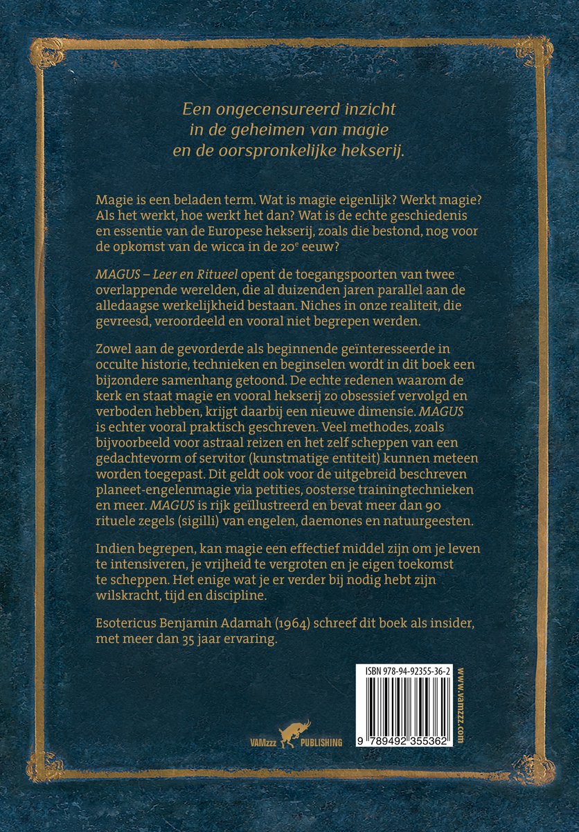Achterkant van het boek MAGUS Leer en Ritueel. Tekst beschrijft de inhoud, met ISBN en uitgever "Varrtex Publishing".