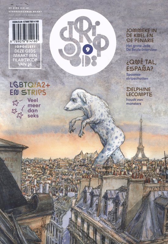 De Gids Stripgids 9, een tijdschrift met een dalmatiër met sproeten boven Parijs. Titels in het Nederlands.