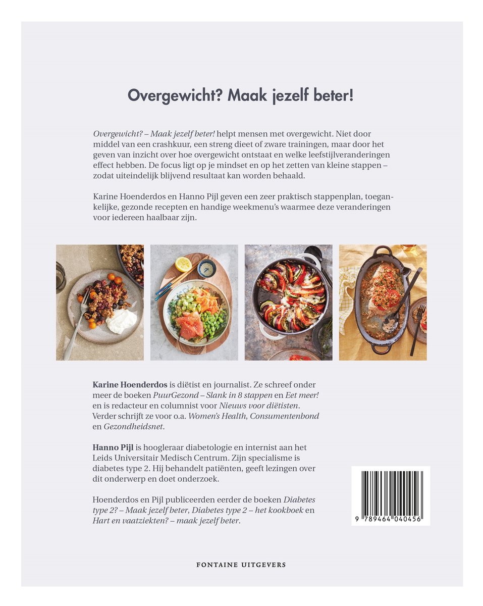 Een boek met een afbeelding van vier gerechten: een schaal met granen, een salade met zalm, een ovenschotel met ratatouille en een ovenschotel met vis.