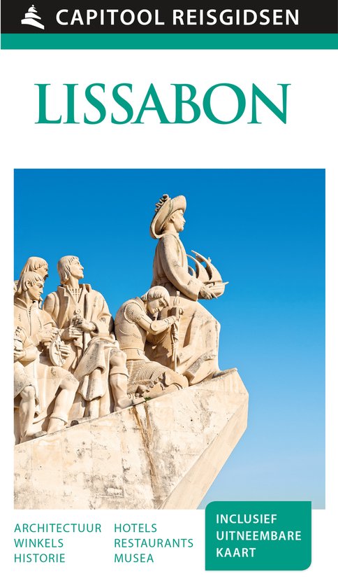 Standbeeld met vier figuren op een sokkel tegen een blauwe lucht. 'LISSABON'.