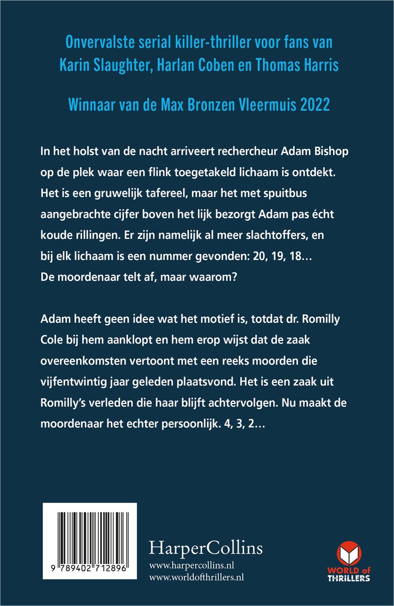 Boekomslag met rode letters, winnaar van de Max Bronzen Vleermuis 2022. Een thriller.