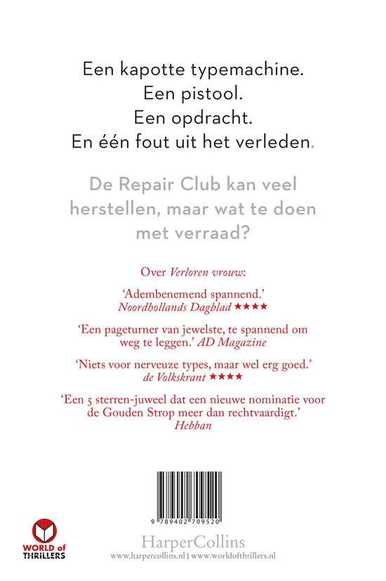 Achterkant van het boek 'De Repair Club' met de tekst 'Een kapotte typemachine. Een pistool. Een opdracht. En één fout uit het verleden.'