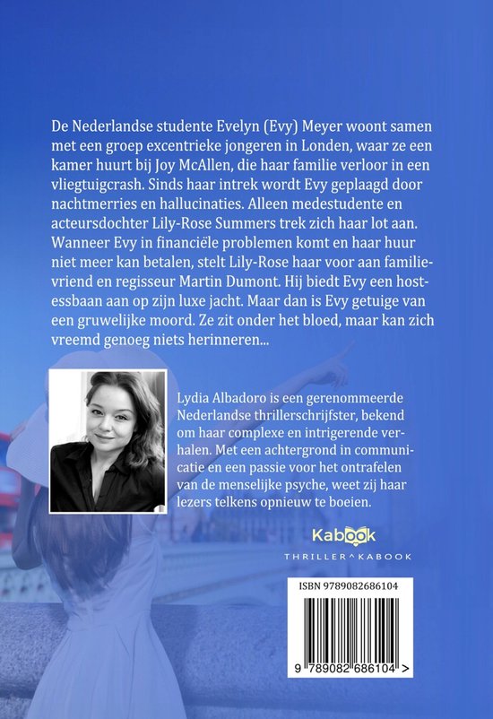 Achterkant boek met portret van auteur Lydia Albadoro en plotomschrijving.