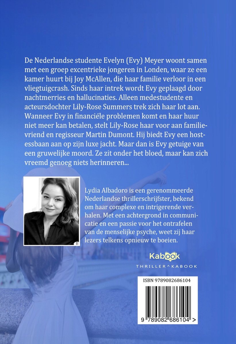 Achterkant boek met portret van auteur Lydia Albadoro en plotomschrijving.