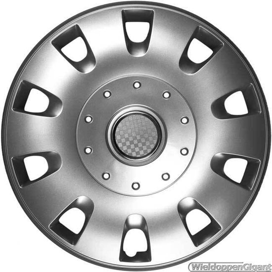 Zilverkleurige wieldop van 16 inch met chroomkleurige ring en een geruit logo in het midden.