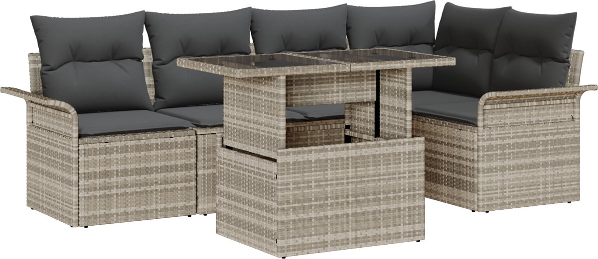 vidaXL - Tuinbank - Set - met - kussen - met - opslag - 6 - pcs - Lichtgrijs - Poly - rattan