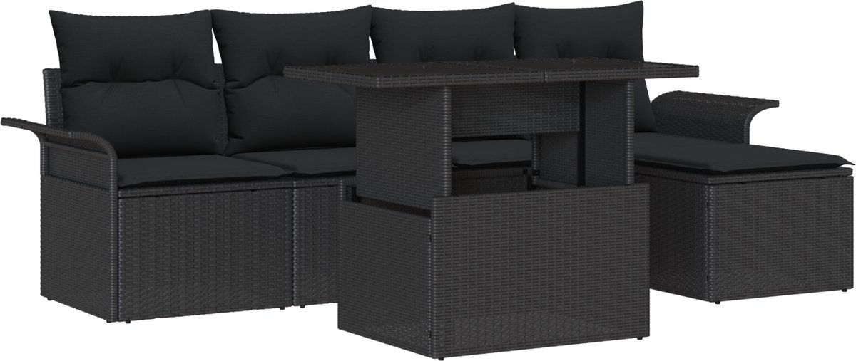 vidaXL - Tuinbank - Set - met - kussen - met - opslag - 6 - pcs - Zwart - Poly - rattan