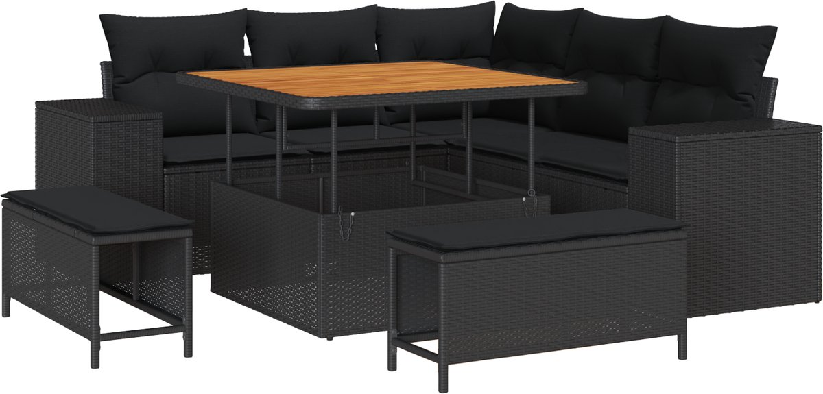 vidaXL - Tuinbank - Set - met - kussen - 8 - pcs - Zwart - poly - rattan