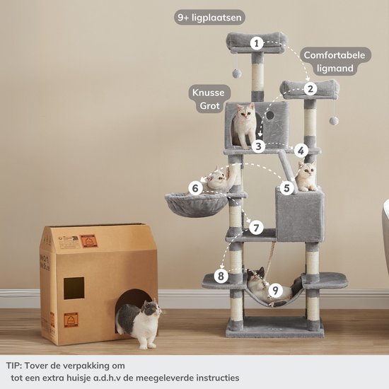 Arbre à chat gris avec 9+ couchages et des chats. Texte : 'Couchage confortable'.