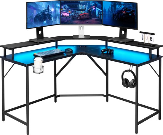 Hoekbureau - game bureau - L vormig bureau - USB en USB C poort en stroomsnoer aansluiting in bureaublad - LED verlichting - 130 x 130 x 50 cm bureaublad