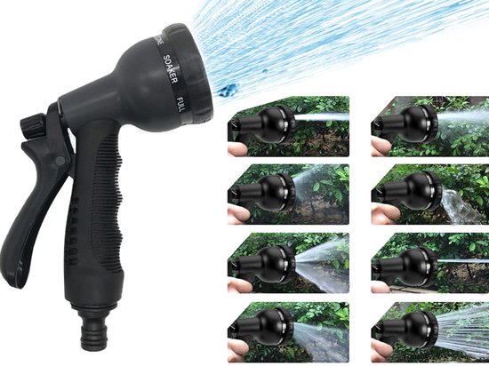 Zwart spuitpistool met 8 sproeistanden, met waterstraal, omringd door afbeeldingen die de verschillende sproeipatronen tonen.