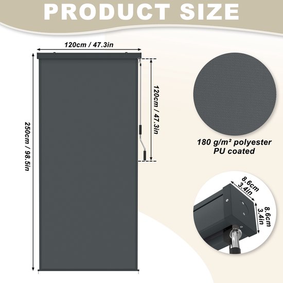 KESSER® Klemluifel, Verticale Zonwering, 120 X 310 Cm, Uittrekbaar En Ondoorzichtig, Luifel Met Handslinger Zonder Boren Balkon Inkijkbescherming Windscherm Voor Tuin Terras 1577285965