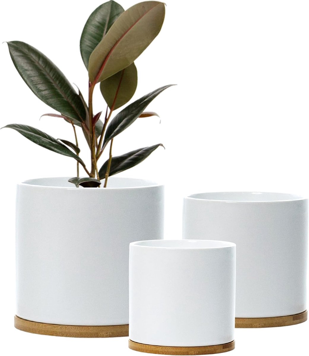 Set keramische plantenpotten met bamboe onderzetters - 3 stuks - wit - keramiek