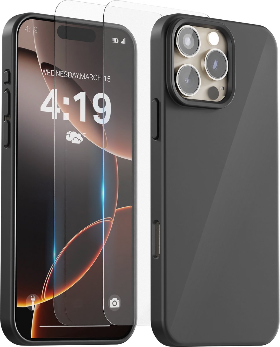 Hoesje Geschikt voor iPhone 16 Pro - 2x Screenprotector tempered glass - Anti Shock silicone case - Zwart