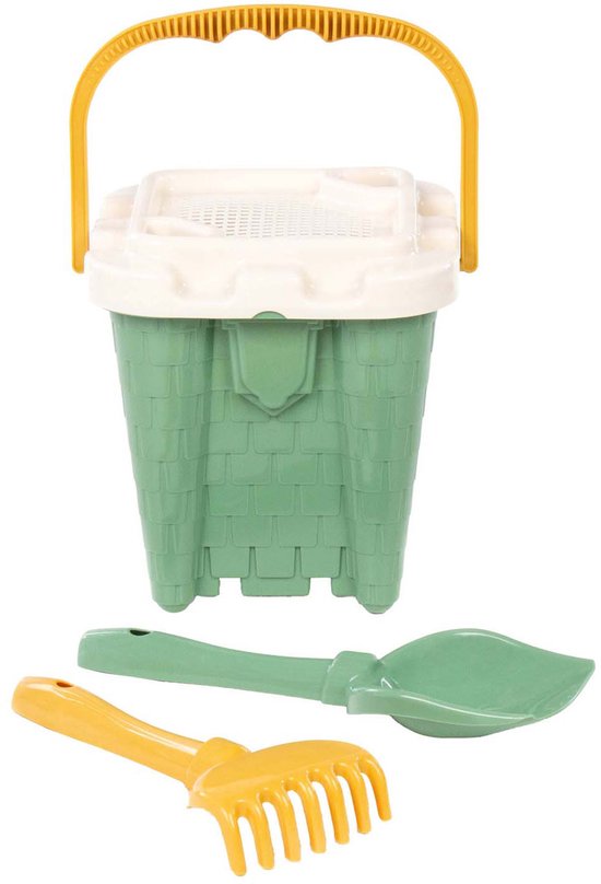 Groene emmer met beige deksel en gele handgreep, met een groene schep en gele hark.