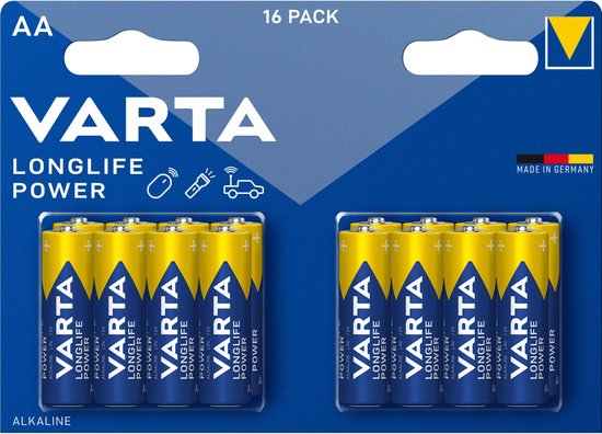 Varta AA Longlife Power alkaline batterijen, 16 stuks in verpakking. Blauw met geel.