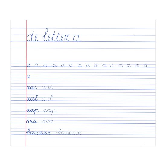 Exercice d'écriture sur papier à lignes bleues. Titre: 'la lettre a'. Lettres individuelles et mots courts sont pratiqués.