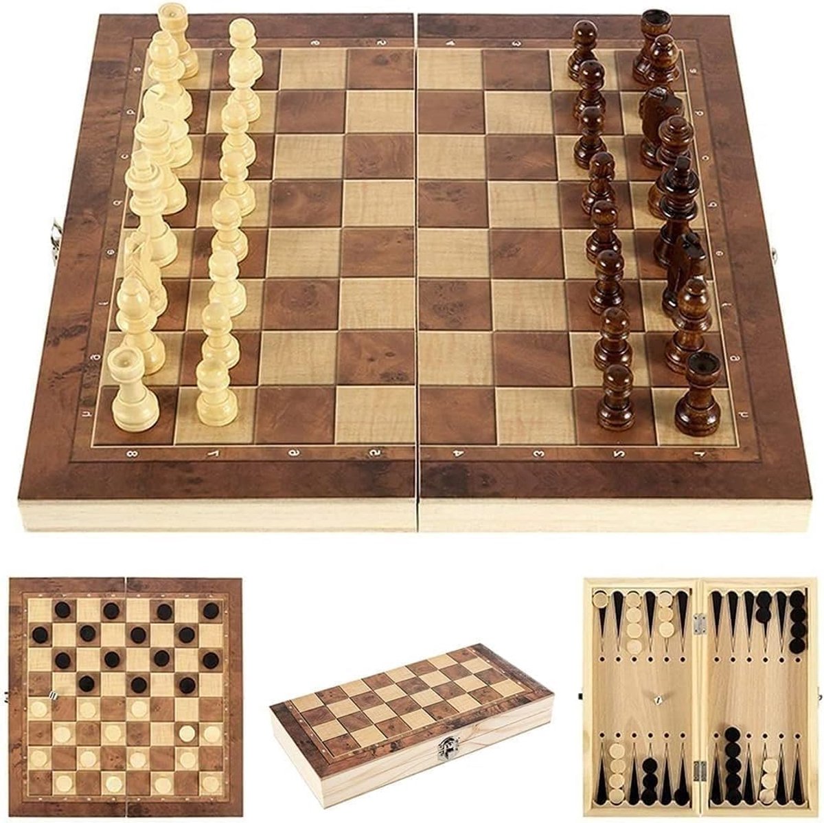 3-in-1 Schaakspel, Backgammon en Damspel - Houten Schaakbord 39 x 39 cm