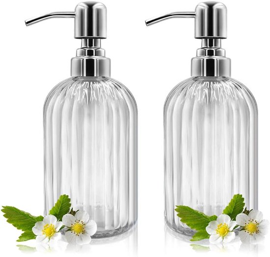 Glazen zeepdispenser met wandhouder, zelfklevend, roestvrij staal, pompdispenser voor vloeibare zeep, zonder boren, bruin glas/zilver, 400 ml