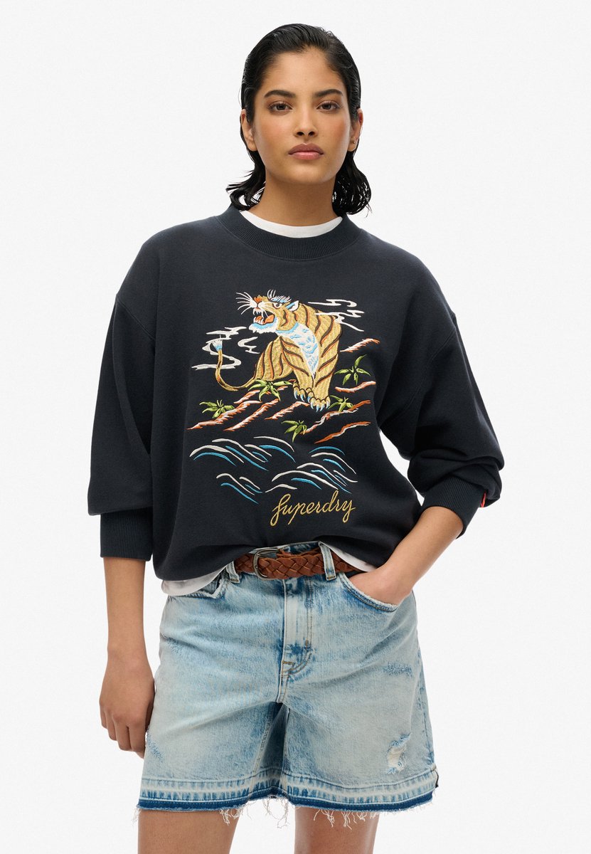 Superdry Wijdvallend Suika sweatshirt met ronde hals en borduursel Dames Truien Zwart