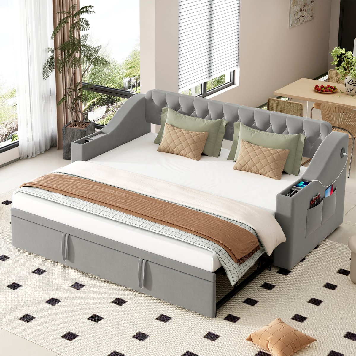 Pugsdrly Eenpersoonsbed Volwassen bed Sofabed Bed 90/180x190 cm, bredere en dikkere armleuningen met USB-oplaadpoort, ingebouwd tablet in de armleuningen met opbergzakken fluweel grijs