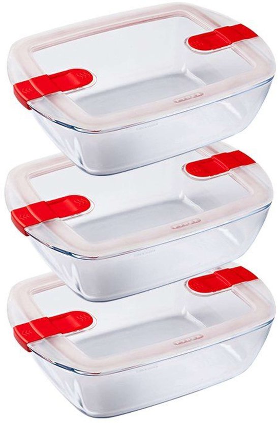 Trois plats rectangulaires en verre avec bords blancs et fermetures rouges, set de 3.