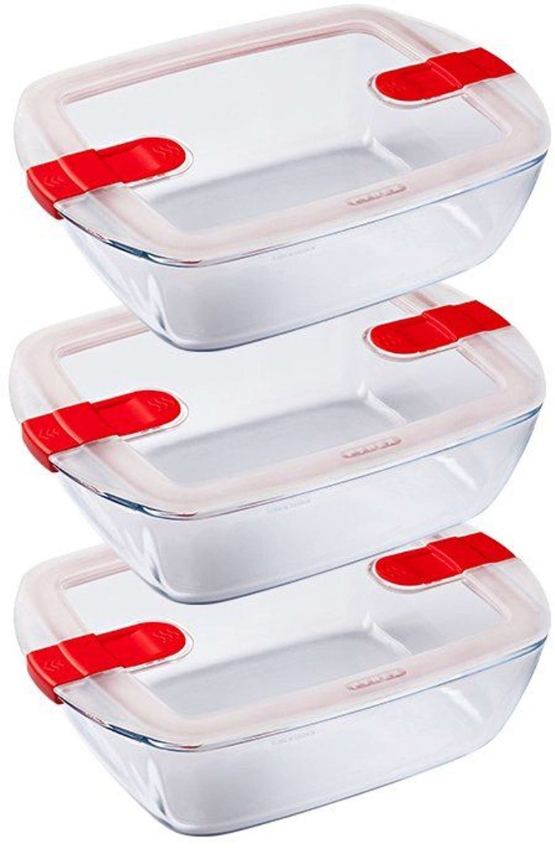 Pyrex - Cook & Heat Schaal 1,1 liter Rechthoek Set van 3 Stuks - Transparant/Rood