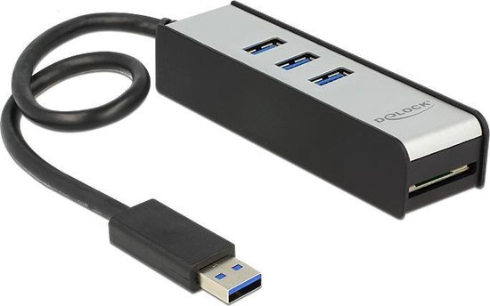 DeLOCK USB hub met 3 poorten en SD kaartlezer - USB3.0 - busgevoed / zwart  - 0,30 meter | bol.com