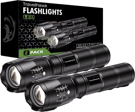 Travelhawk Zaklamp - Zaklamp Led - Zaklamp Militaire - 1000 Lumen - Waterproof - 2 stuks