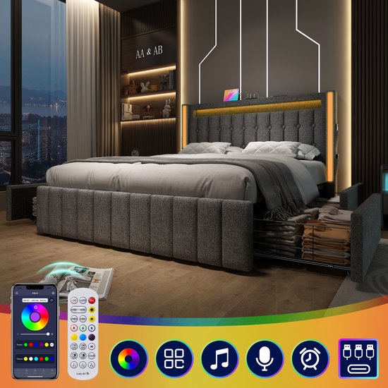 Lit double gris rembourré avec capitonnage, tête de lit avec éclairage LED, espace de rangement ouvert et télécommande avec roue chromatique.