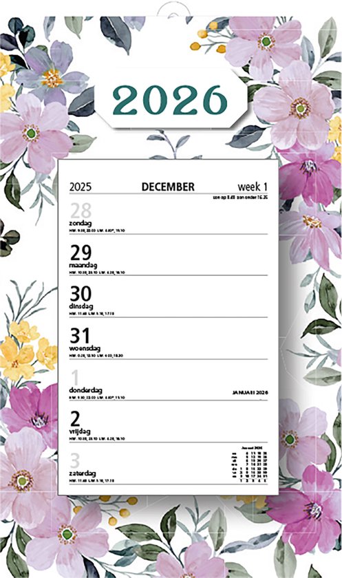 MGPcards - Week Scheurkalender 2026 - Week begint op zondag - 21 x 34 cm - Bloemen - Lila