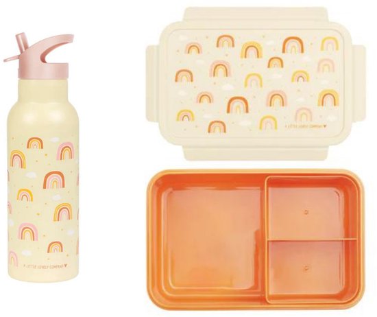 Gourde jaune pâle avec bec verseur rose et motif arc-en-ciel à côté d'une boîte à lunch jaune pâle avec le même motif.