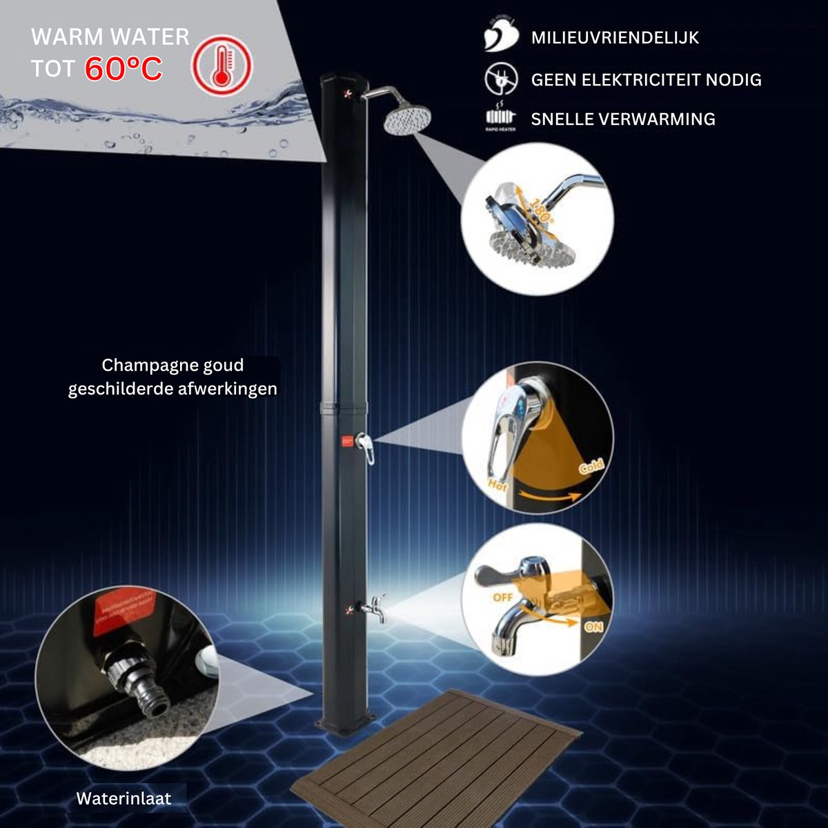CCLIFE solar douche 60L - zonneverwarming, WPC-bodemplaat, draaibare kop thumbnail 3