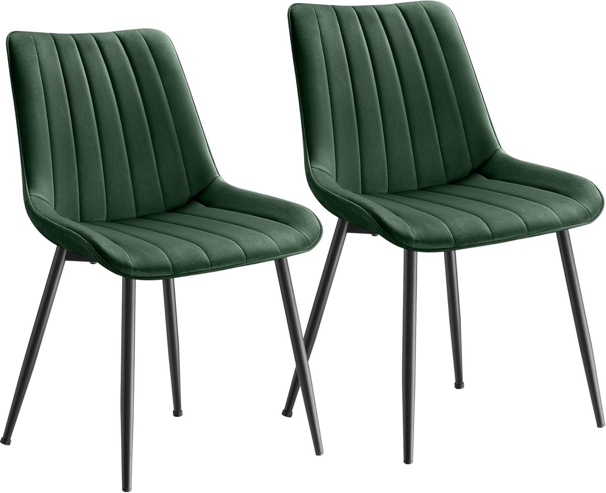 SONGMICS Eetkamerstoel set van 2, keukenstoel, fluweel, gestoffeerde stoel, draagvermogen tot 120 kg, stalen poten, gebogen rugleuning, voor eetkamer, keuken, groen-inkt zwart