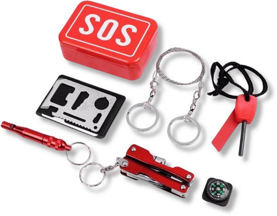 SOS kit - Survival doosje - Outdoor multi tool kit in blikje - Magnesium stick, Kompas, Noodfluit etc.