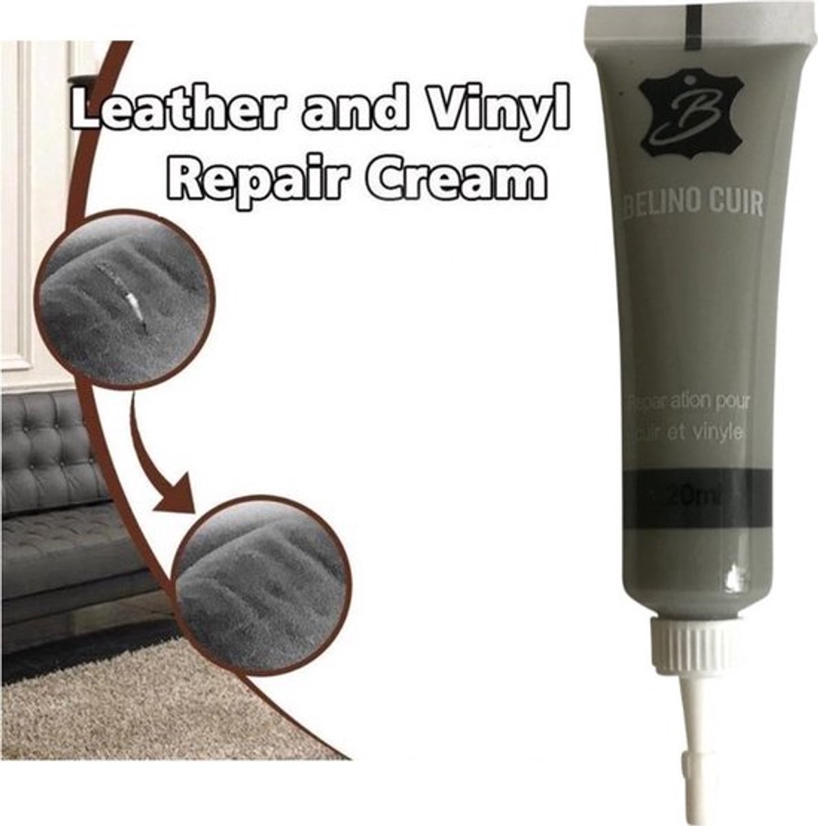 TLVX Leer Reparatie Gel Grijs 20ML / Auto / Stoel / Bank / Leder reparatie / Grey Vinyl reparatie / Leer scheuren / Leder herstel / Autostoel leer krassen / Kras leer herstel / Dofheid leer herstel / Haken en ogen leer en vinyl / Snel Leer Herstel