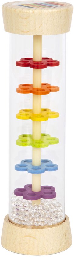 Houten regenmaker met bloemvormige schijven in regenboogkleuren en kleine parels aan de onderkant.