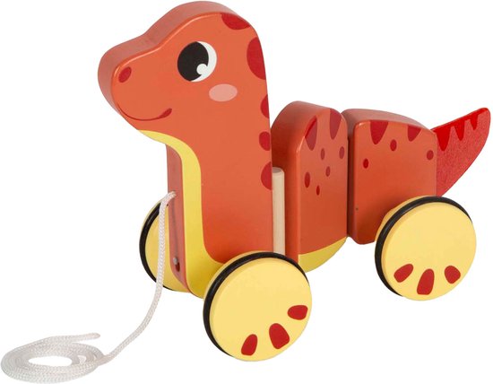 Oranje houten dinosaurus trekfiguur met gele wielen en rode stippen.