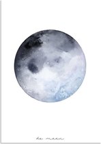 DesignClaud Maan - La Luna - Waterverf stijl - Interieur poster - Wanddecoratie - Grijs Blauw A4 + Fotolijst wit