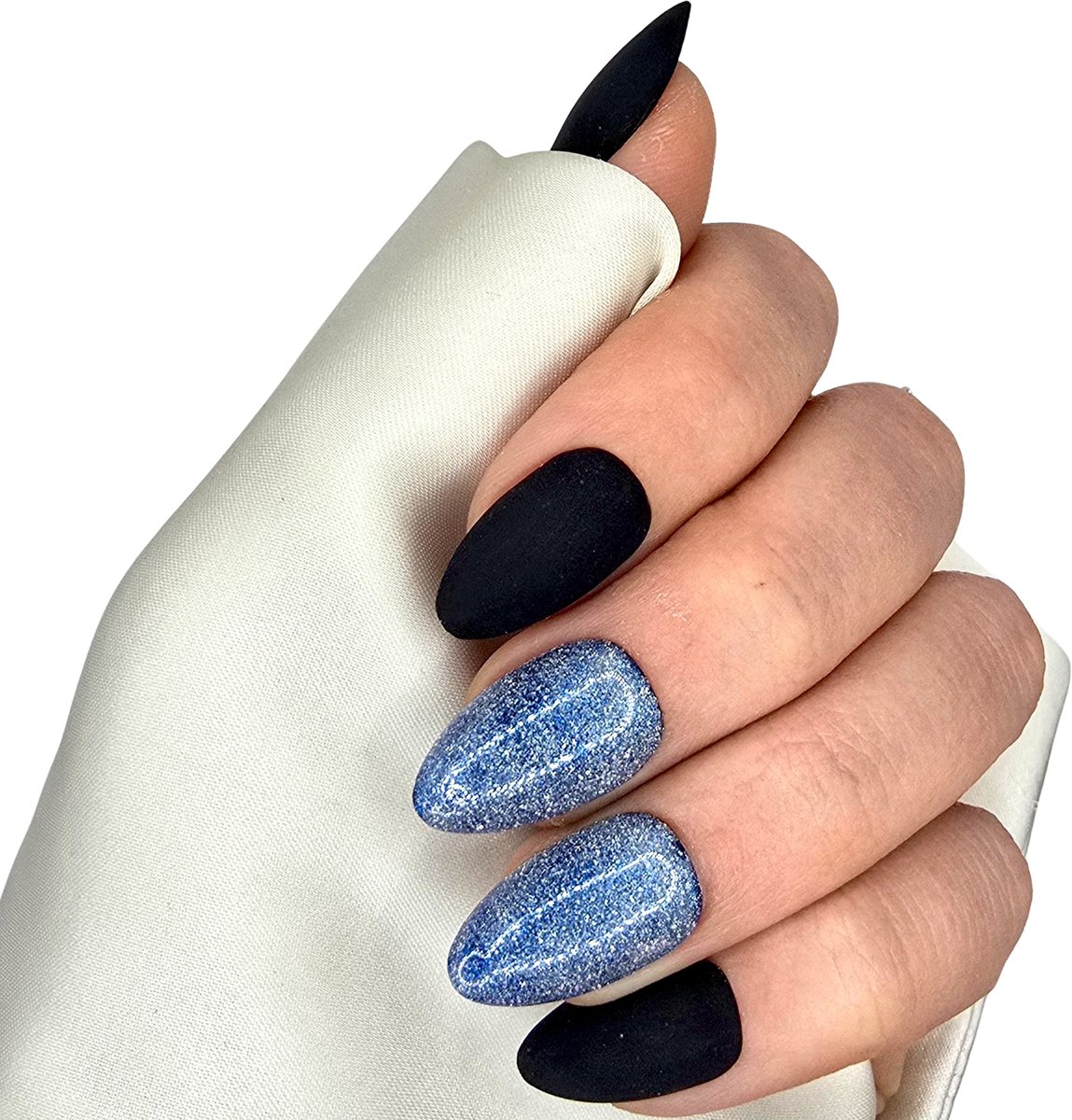 SD Press on Nails - B-261 - Plaknagels - Nagelset 20 Nagels - Zwart Matte - Blauw- Medium Almond - Nepnagels met Tools & Lijm - Handmade