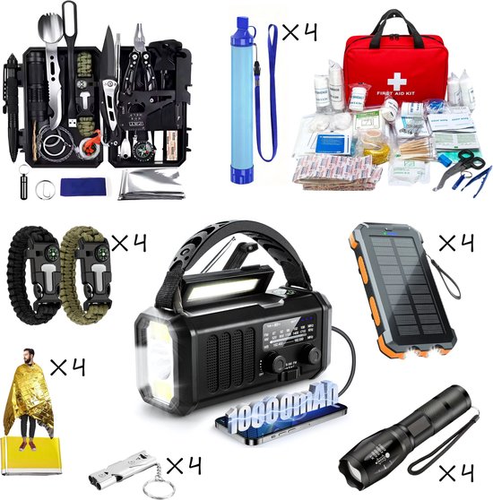 DreamGoods XL Noodpakket voor thuis - 4 Personen - Gezins-Noodpakket - Compleet Overlevingspakket - bij Oorlog, Stroomuitval & Rampen - Solar Noodradio - 72 uur Survival kit - Noodpakket Overheid Laatste Nieuws - Kamperen & Outdoor