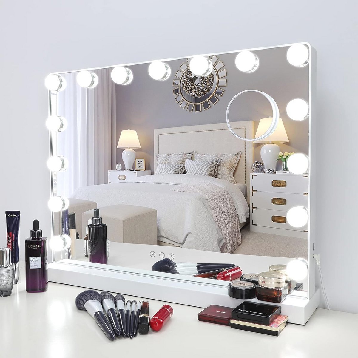 Hollywood Make-up spiegel met verlichting en USB-oplader - 3 lichtmodi, dimbare ledlampen, wand- en tafelmontage - 58 x 46 cm