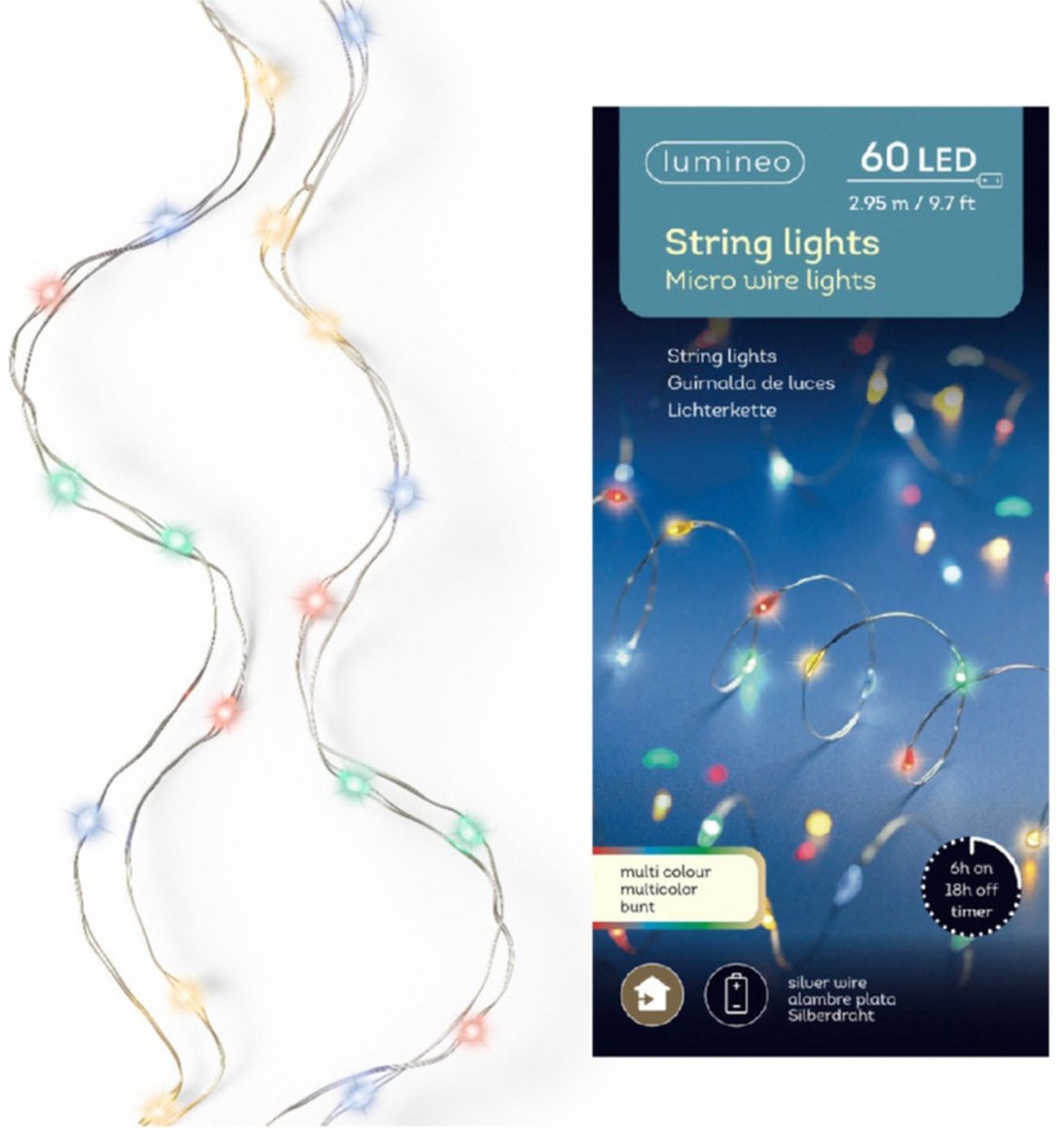 Lumineo draadverlichting - 60 led lampjes - gekleurd - 295 cm - micro leds - lichtsnoer