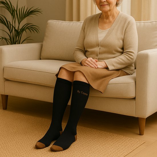 Oudere vrouw op bank met beige vest, bruine rok, zittend met zwarte compressiekousen.