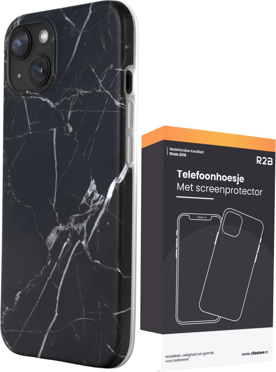 R2B Hoesje geschikt voor iPhone 13 - Marmer - Screenprotector - Zwart - Telefoonhoesjes - Gsm Hoesje - Phone Case - Model de Bilt